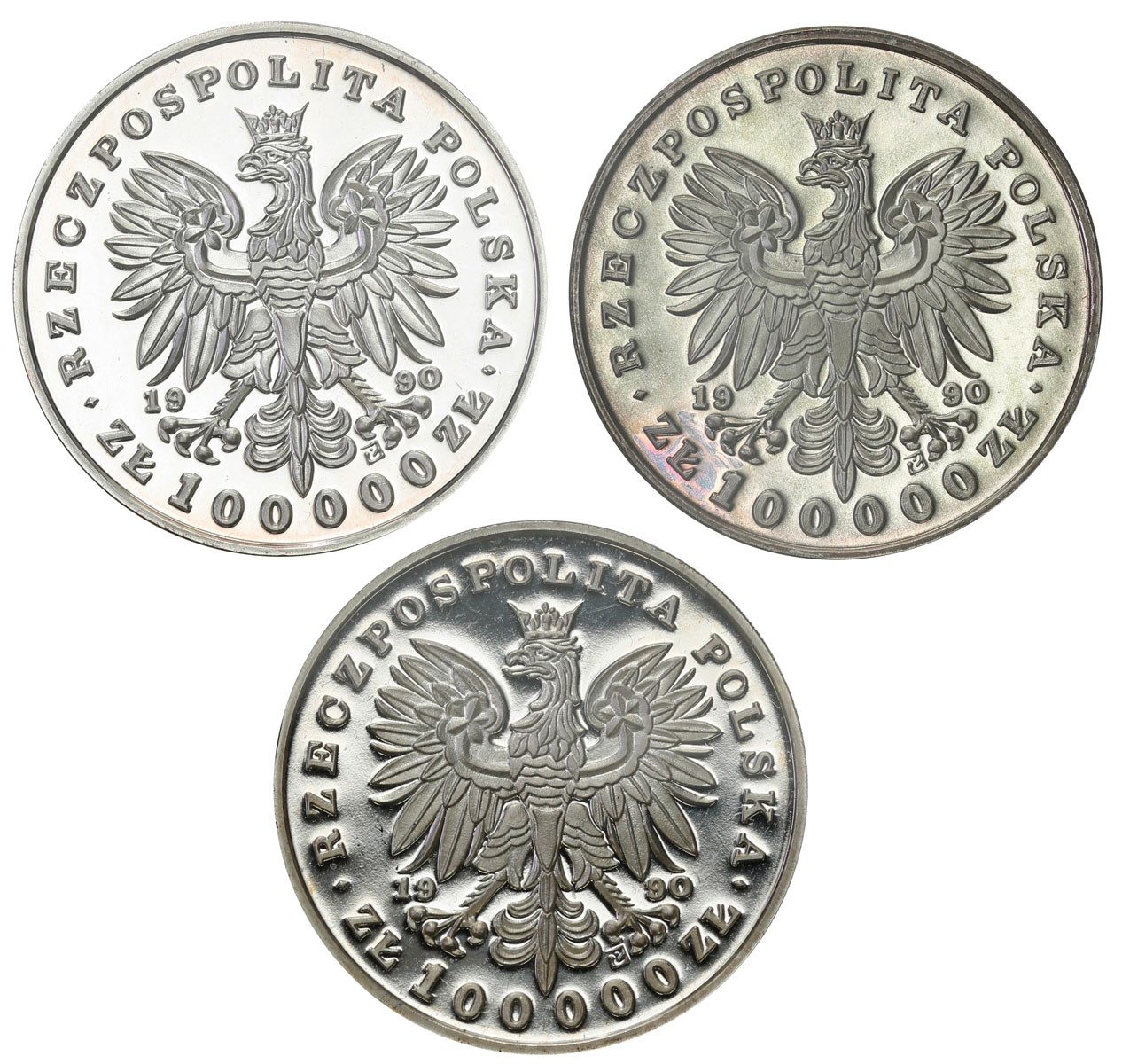 III RP. Mały Tryptyk 100.000 zł Piłsudski, Chopin, Kościuszko 1990 - zestaw 3 sztuk w pudełku